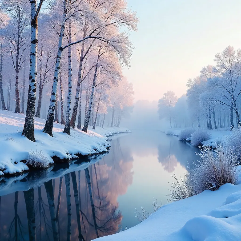 Tranquil Snowy Riverbank Reflections