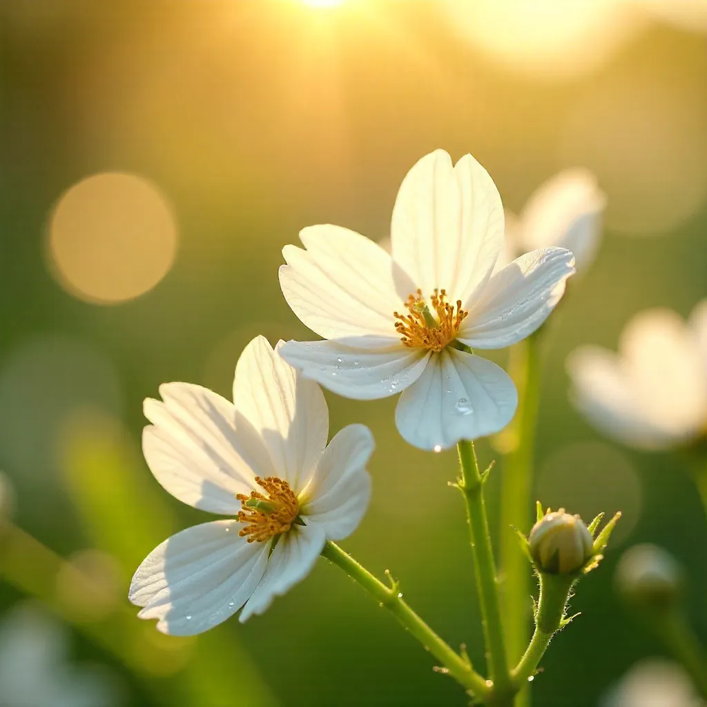 White Flowers in Warm Sunlight with Gentle Bokeh