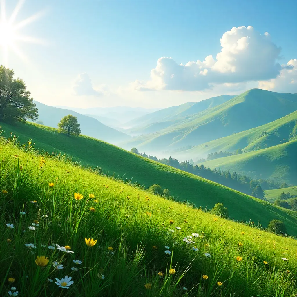 Calm Hillside with Mist under Bright Sky