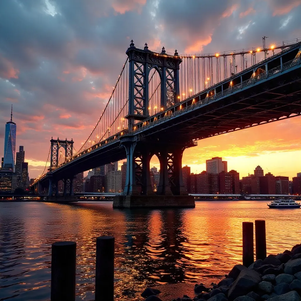 Sunset Over the Manhattan Bridge, Brooklyn Skyline