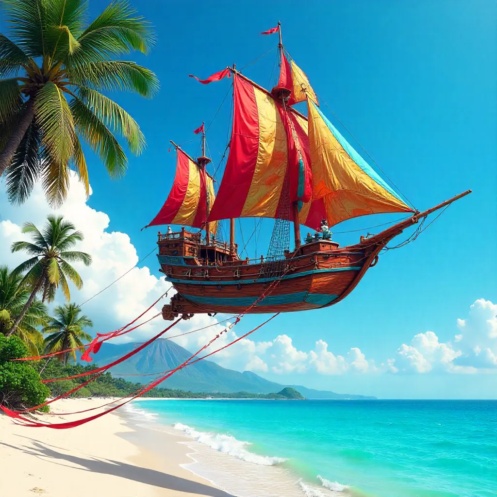 Vibrant Ship Kite Over Bali's Clear Sky