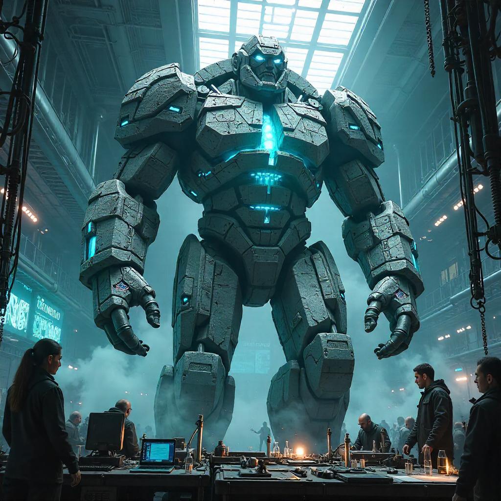 Stone Golem in a Neon Laboratory