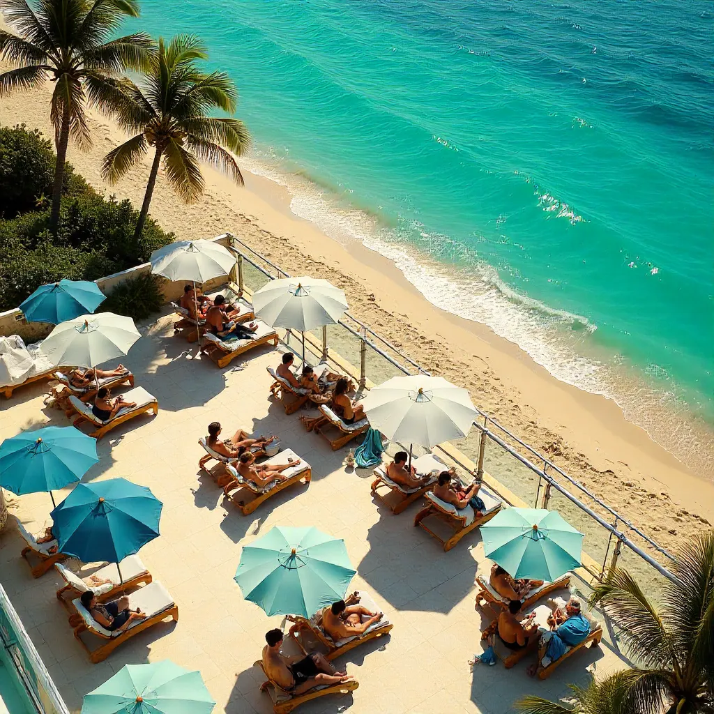 Aerial Beach Terrace: Sunlit Umbrellas and Guests