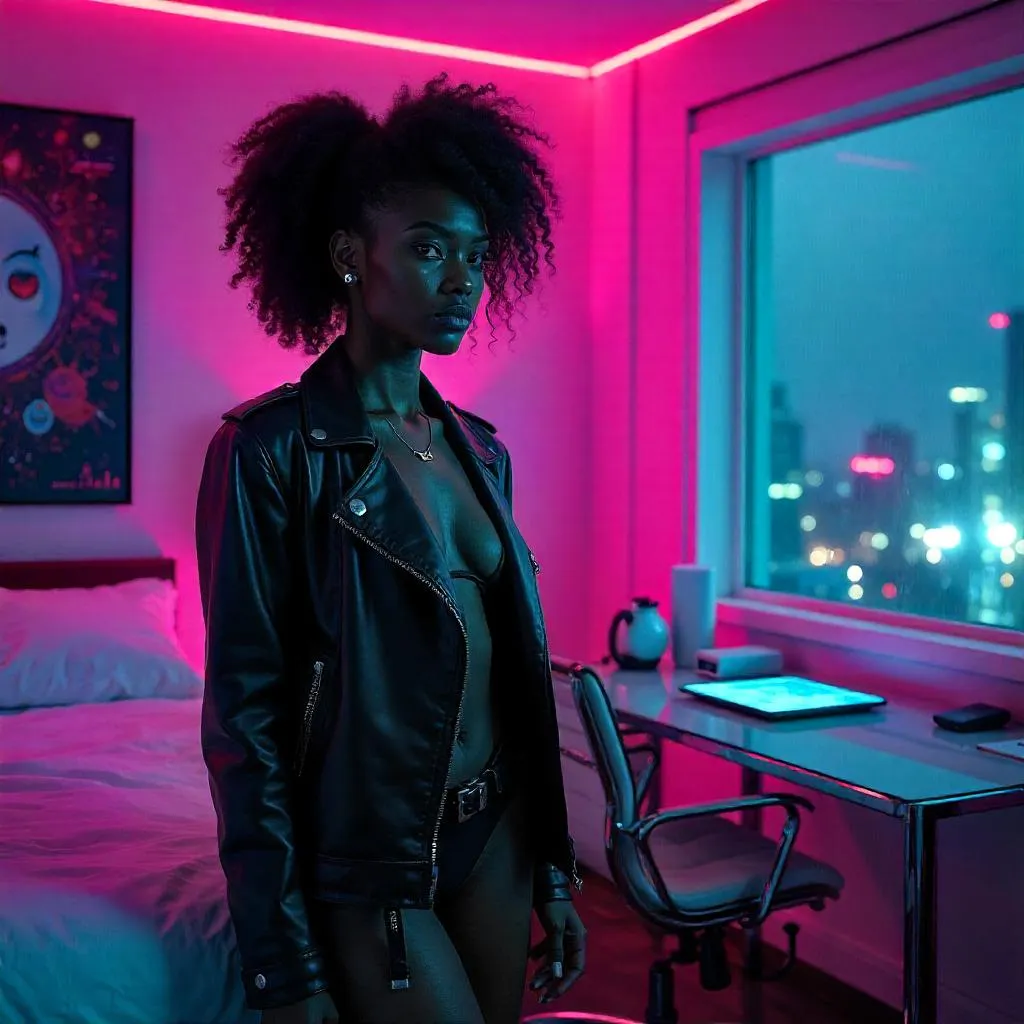 Neon-lit Cyberpunk Bedroom Portrait
