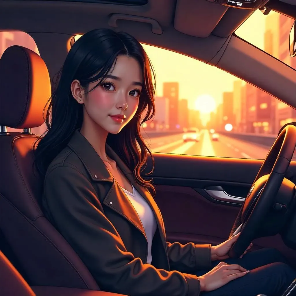 Anime-Style Asian Woman in a Car at Sunset