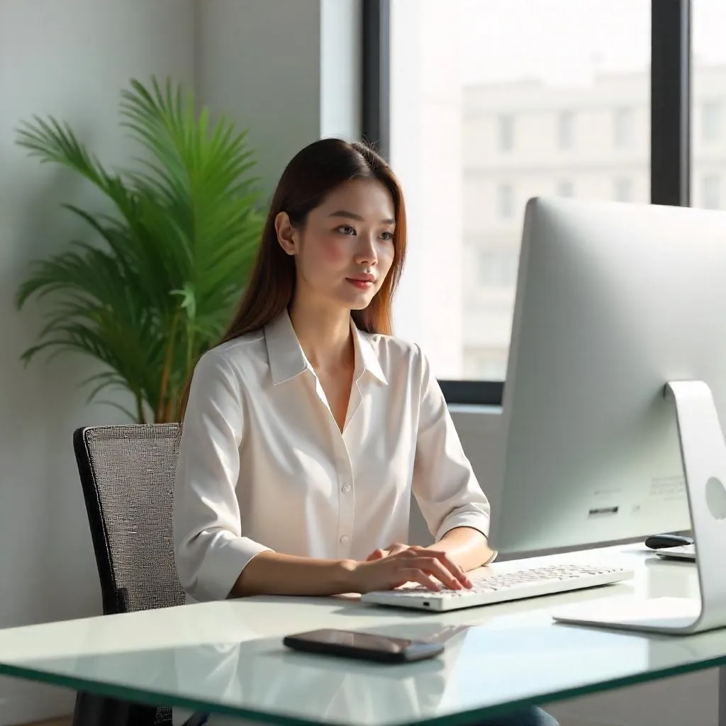3D Render: Elegant White Woman in a Modern Workspace