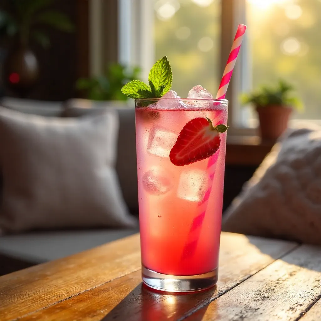 Cozy Pink Iced Beverage on Wooden Table