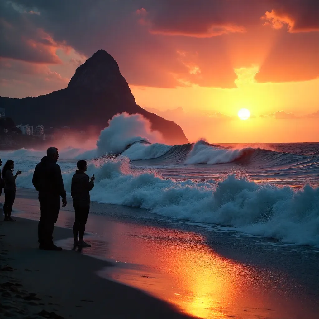 Silhouettes on Rio Beach Watching Great Waves at Sunset