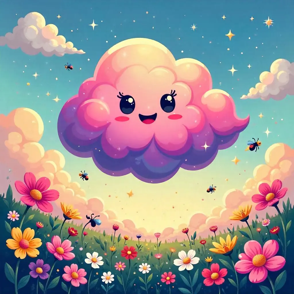 Whimsical Cartoon Nebula Over a Flower Field