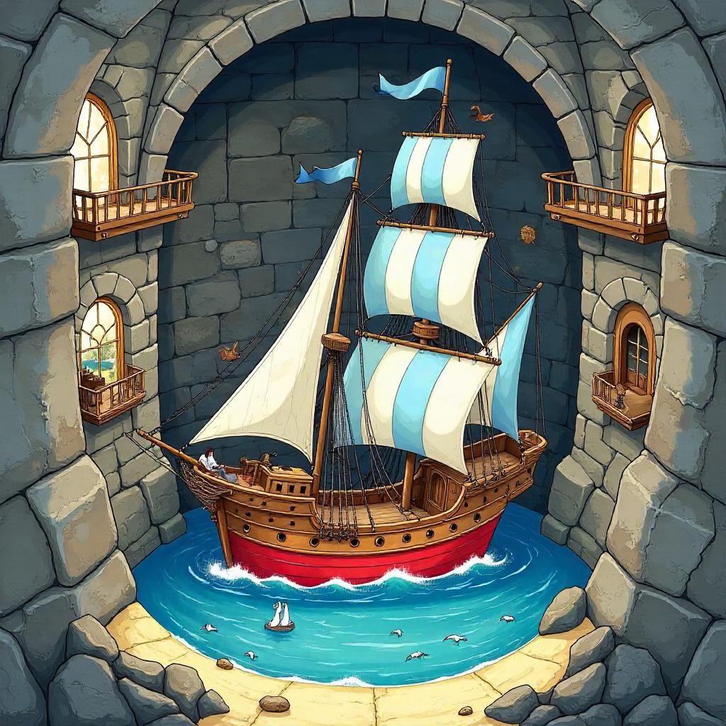Whimsical Sailing Ship Inside a Tower, Cartoon Style