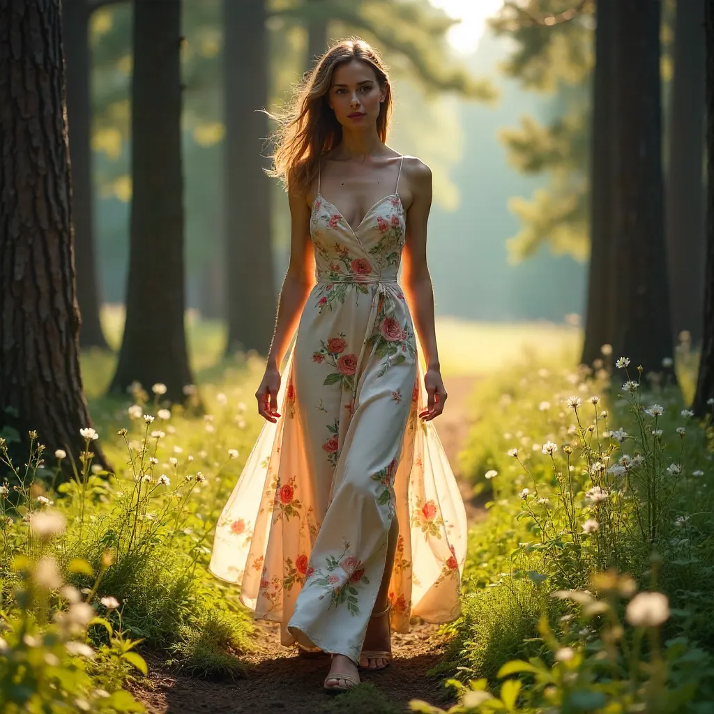 Floral Dress in a Serene Forest Walk