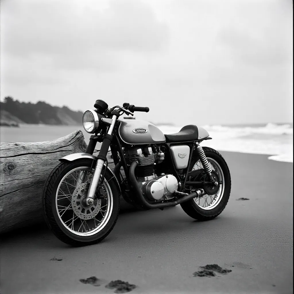 Monochrome Beachside Motorcycle by Driftwood Under Clouds