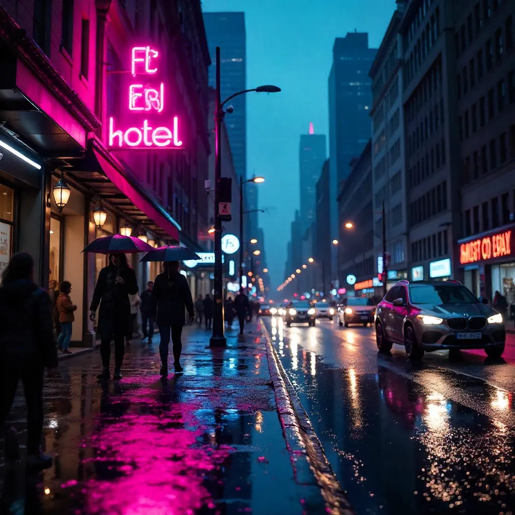 Neon-lit Rainy Street at Dusk