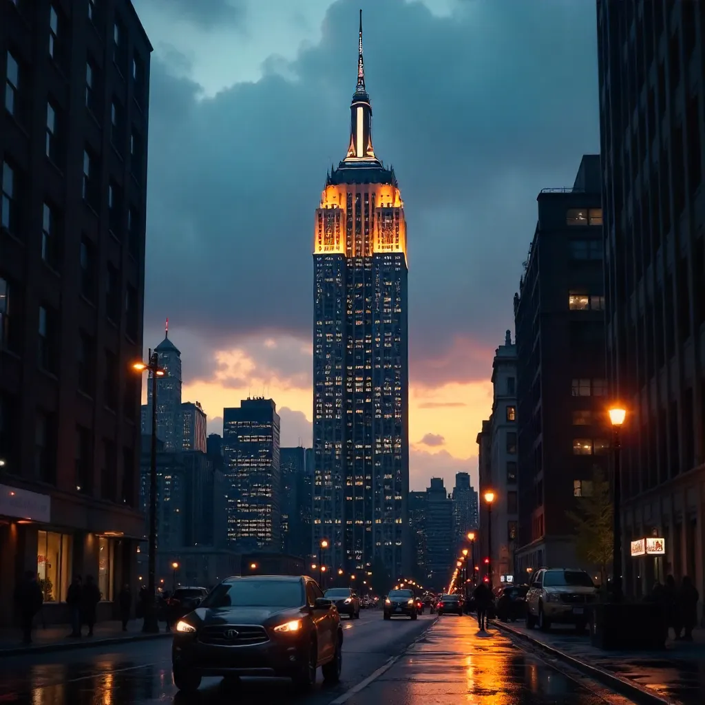 Empire State Building from Below at Dusk