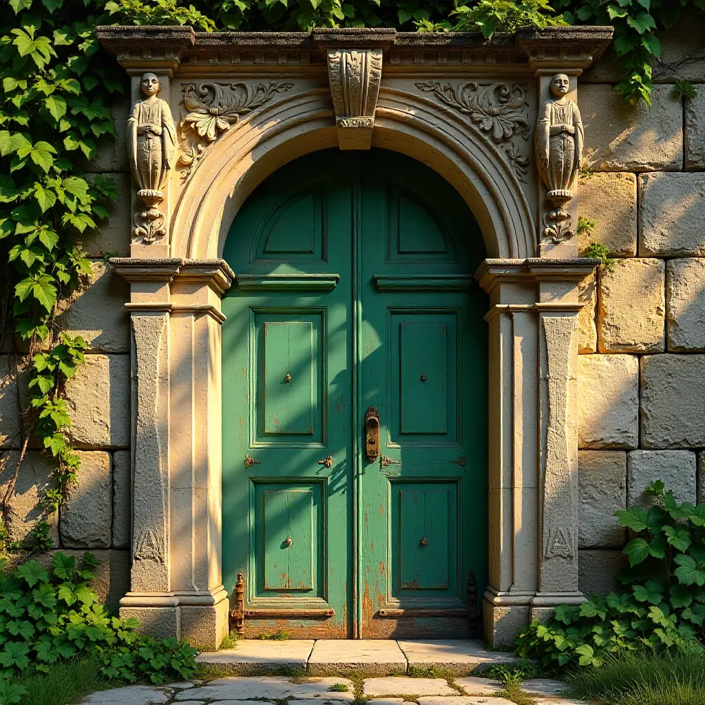Antique Stone Archway Framing a Green Wooden Door