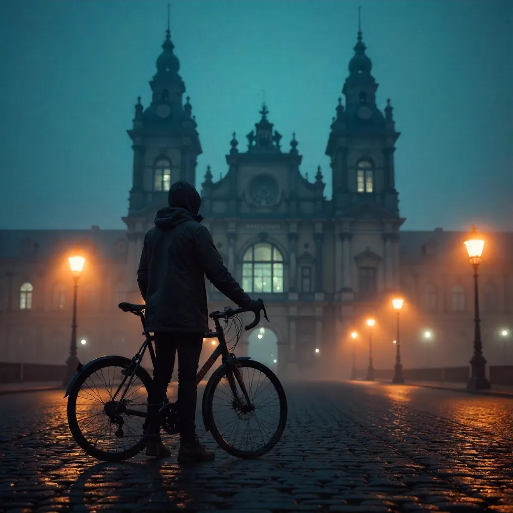 Lone Cyclist Before Foggy Hamburg Rathaus at Night