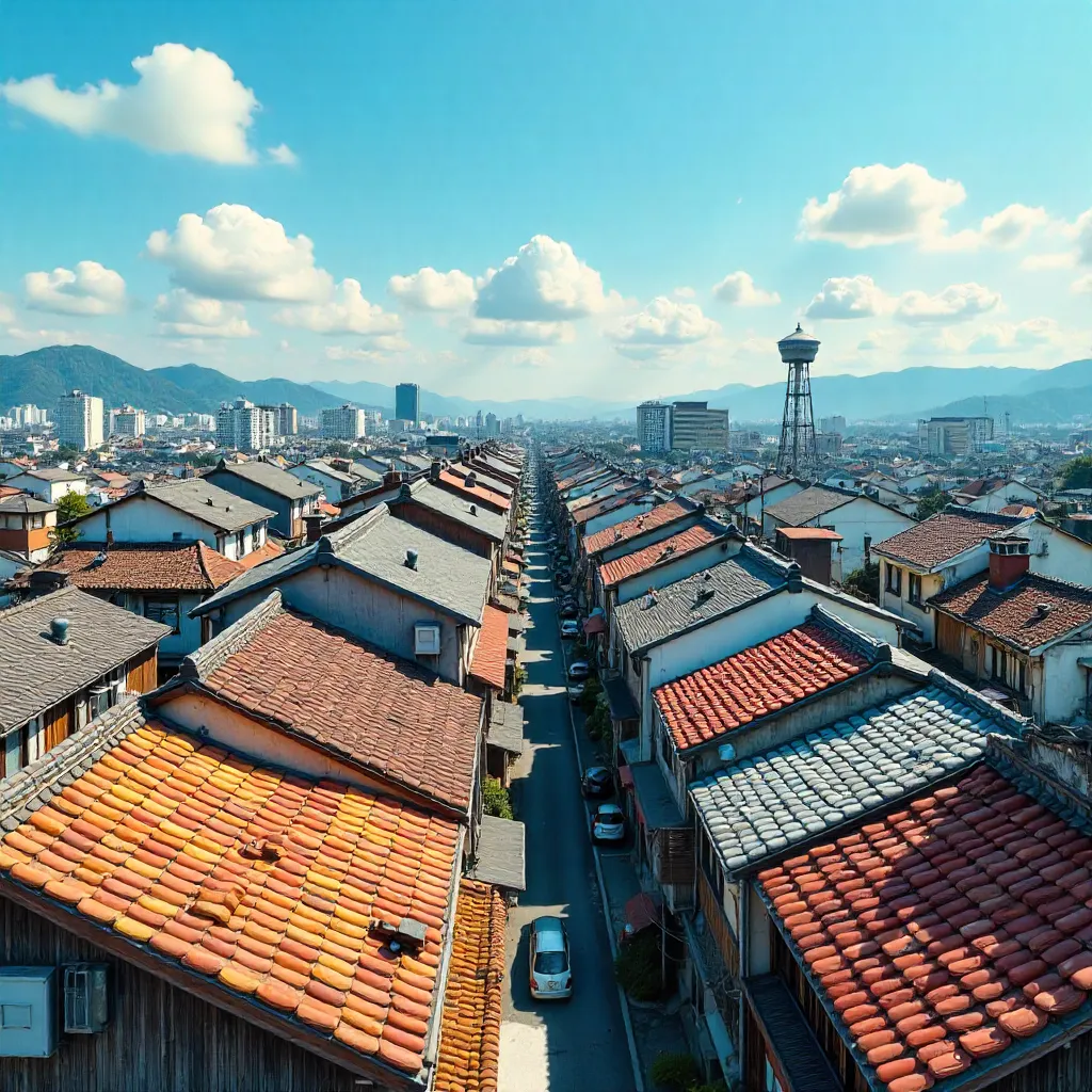 Vibrant Japanese Rooftops with a Water Tower