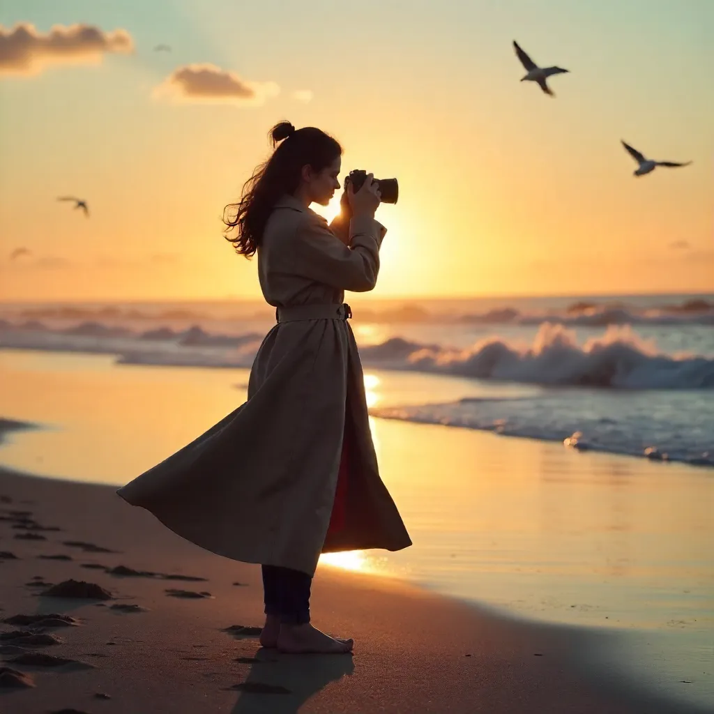 Sunset on the Beach: Trench Coat Photographer