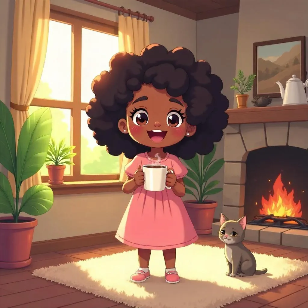 Cheerful Black Girl in a Cozy Cottage - Anime Style