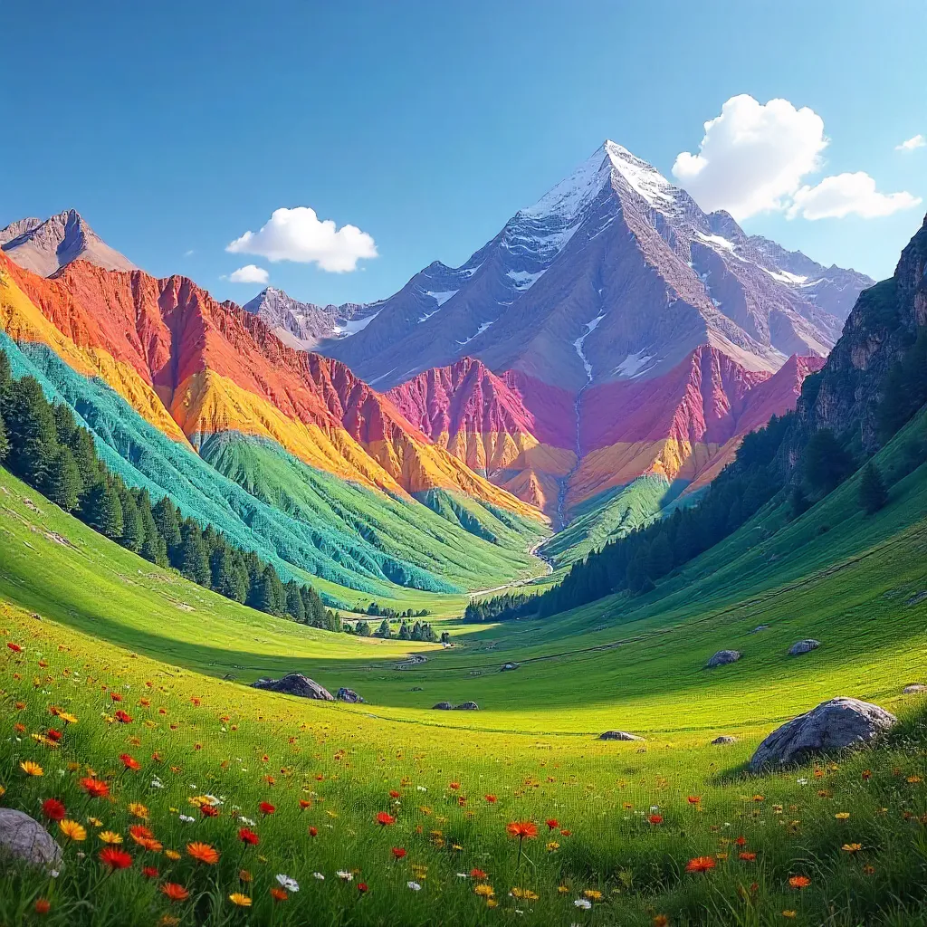 Rainbow Layered Mountains Under Clear Blue Sky