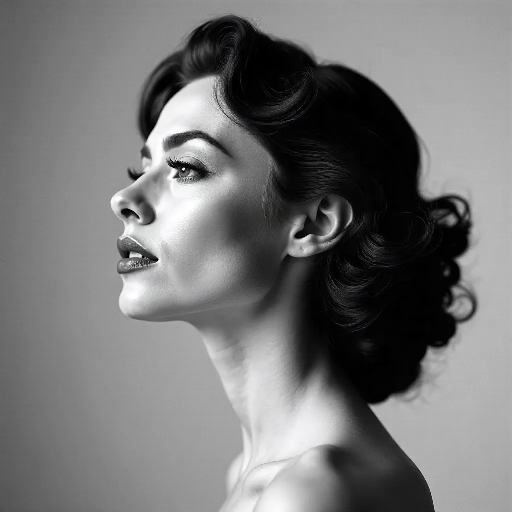 Side profile of an elegant woman in black and white