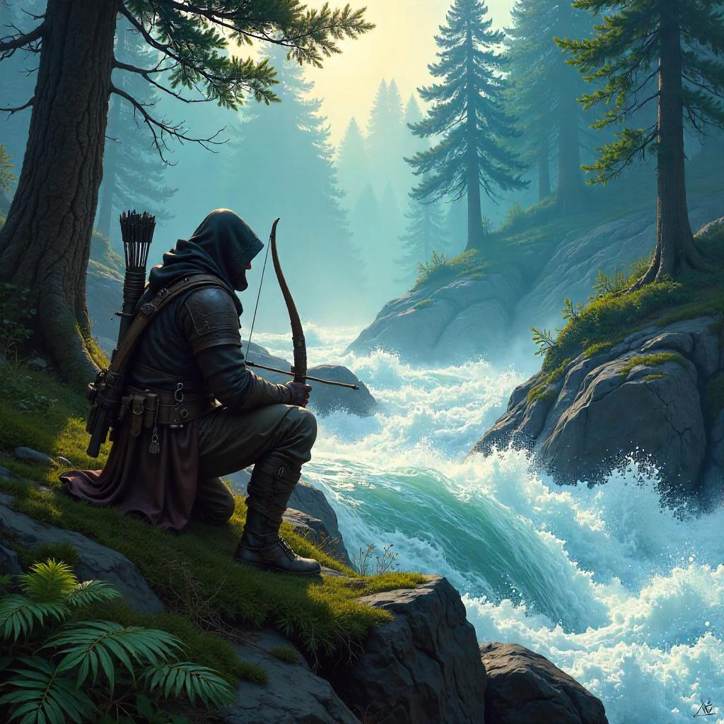 Lone Hunter by a Rushing River - Digital Art