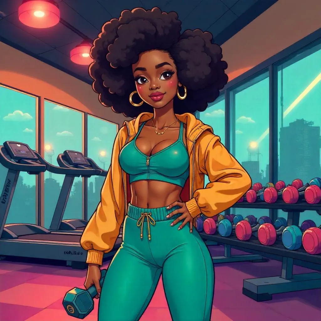 Elegant Black Girl in a Modern Gym - Cartoon Style