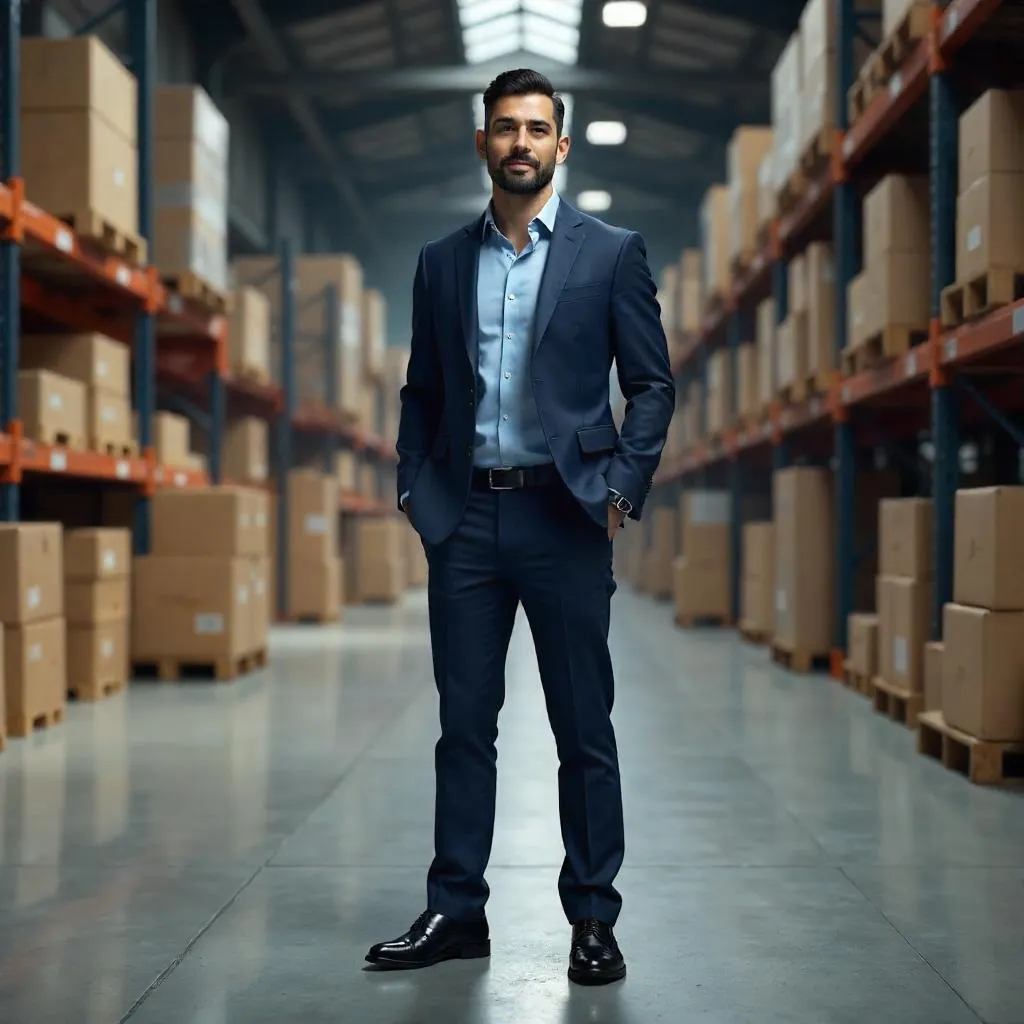 3D Render: Professional Latino Manager in a Warehouse