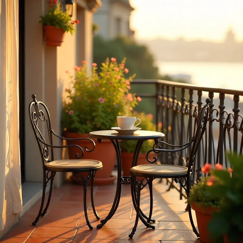 Sunlit Balcony Coffee with Wrought Iron Chairs