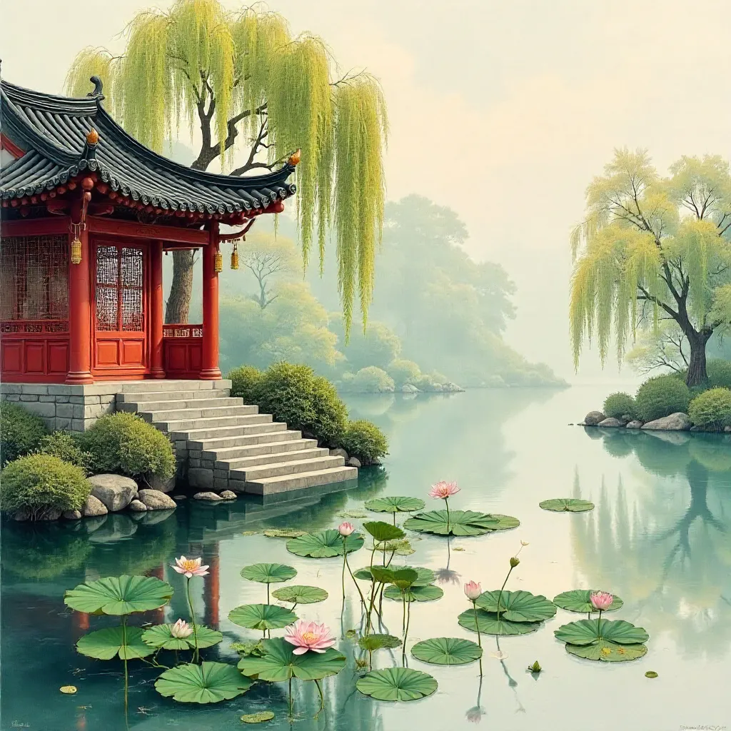 Serene Willow and Lotus Pavilion by Water