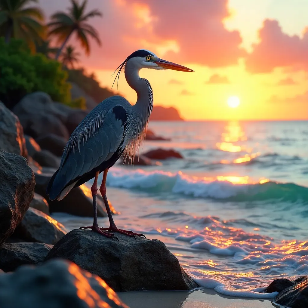 Heron at Sunset on Quintana Roo Rocky Shore