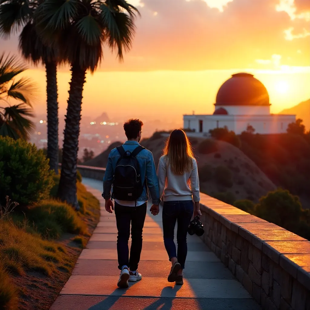 Two Friends at Sunset Walk Above Griffith Observatory