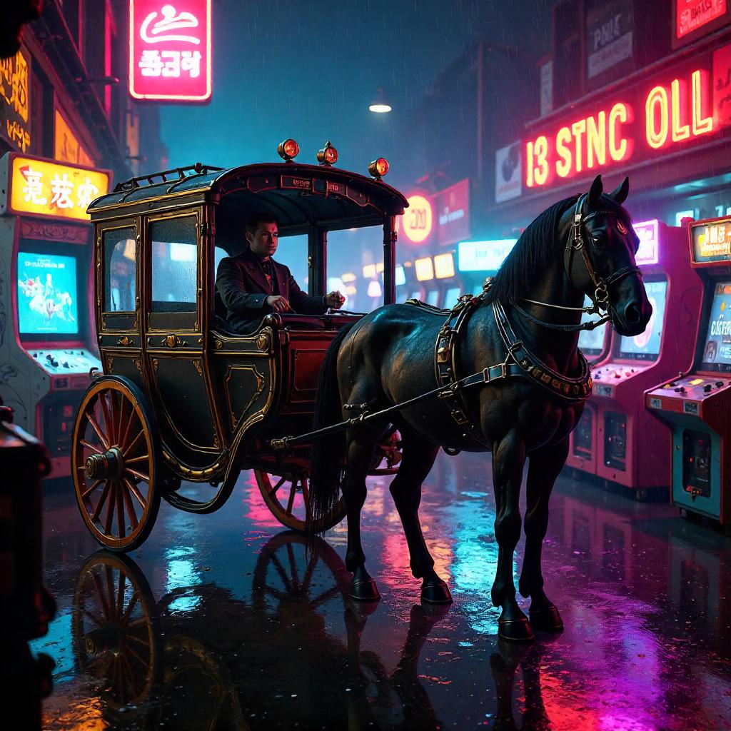 Neon Carriage in a Cyberpunk Arcade