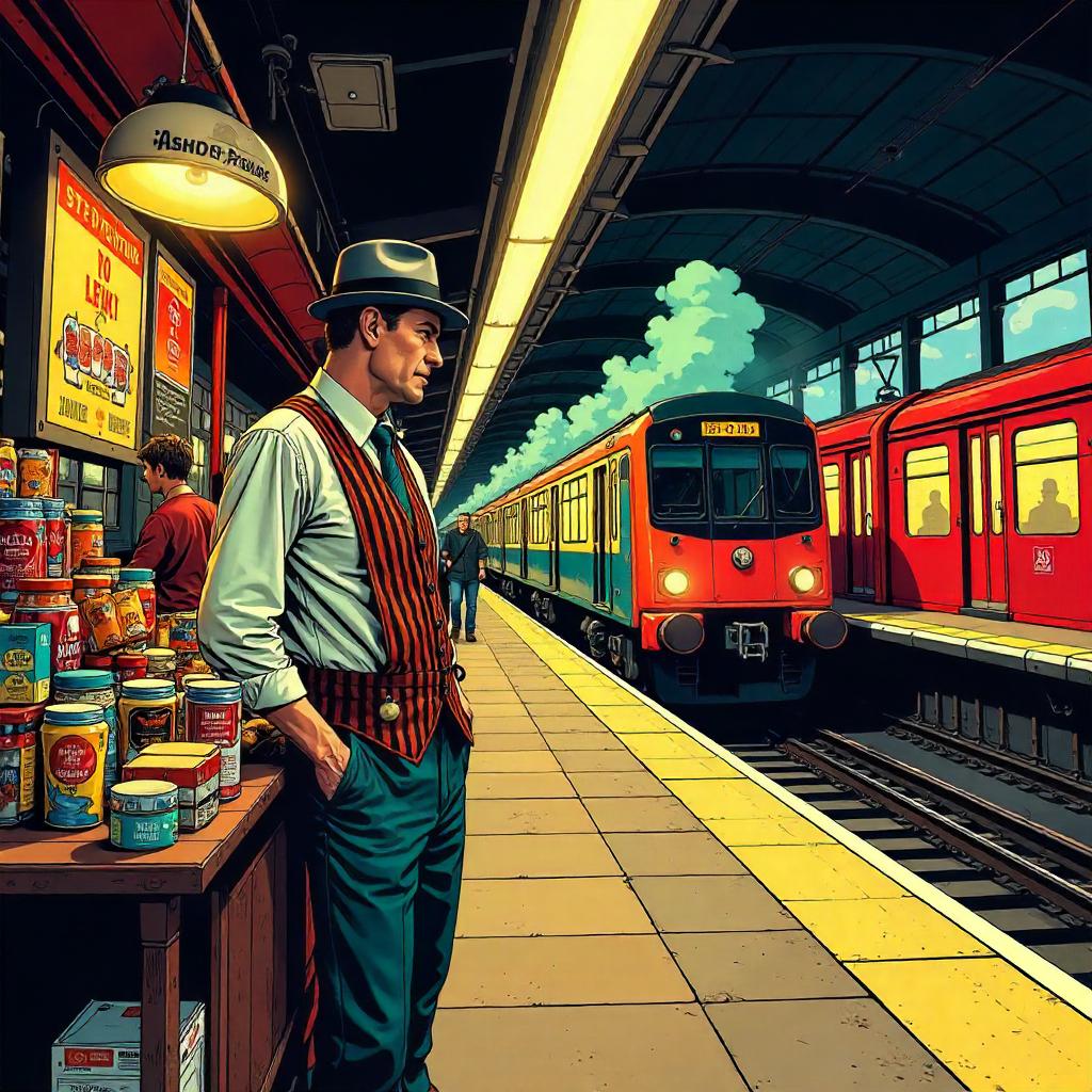 Comic-Book Merchant at a Busy Train Station