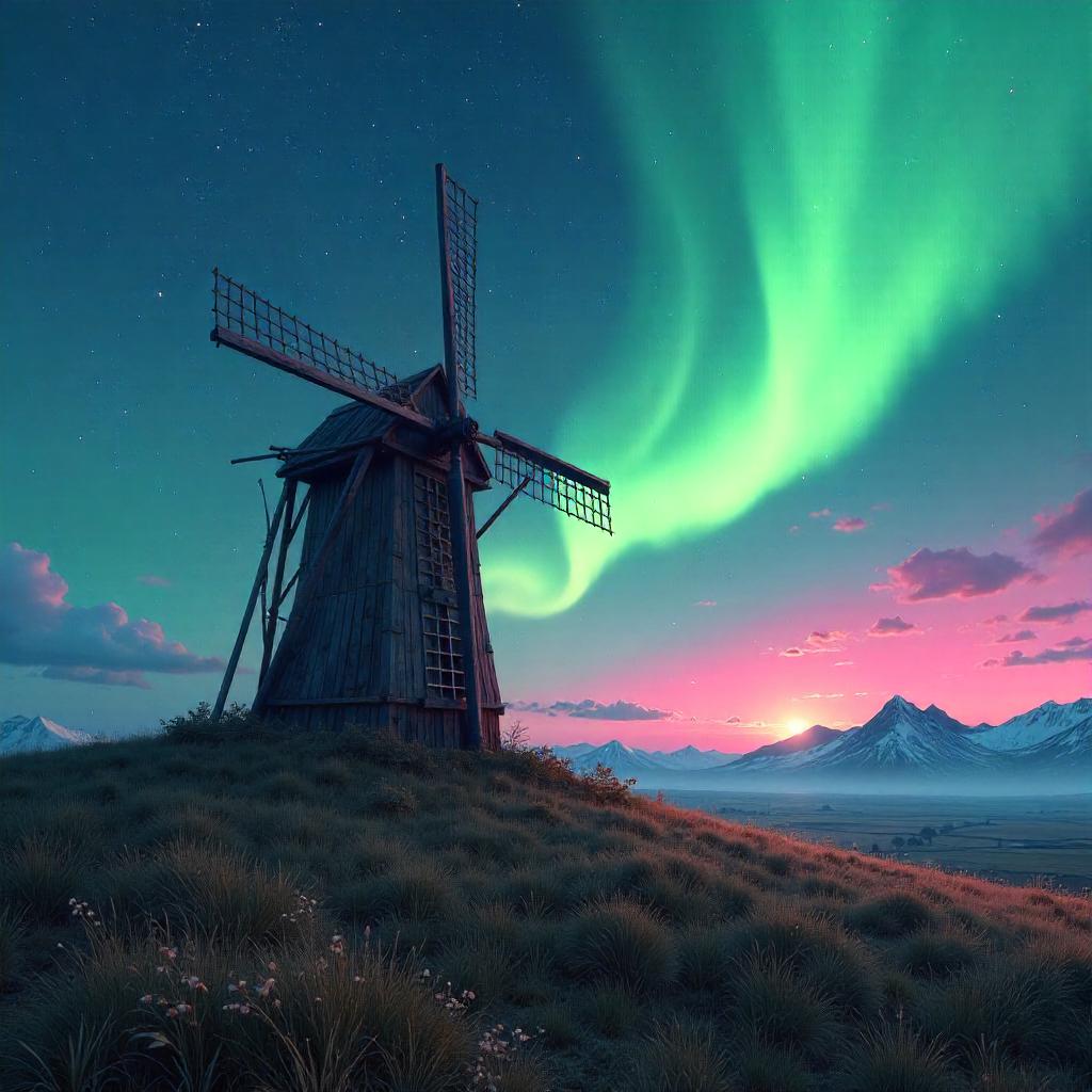 Windmill in Aurora Fields: Digital Art