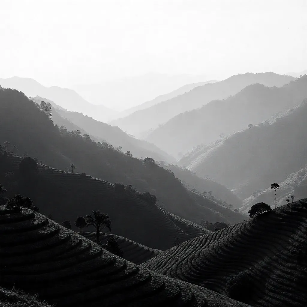 Monochrome Mist over Sri Lankan Mountain Peaks