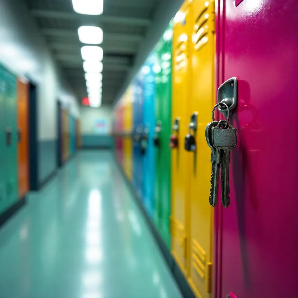 Vibrant Lockers in Neon Indoor Hallway