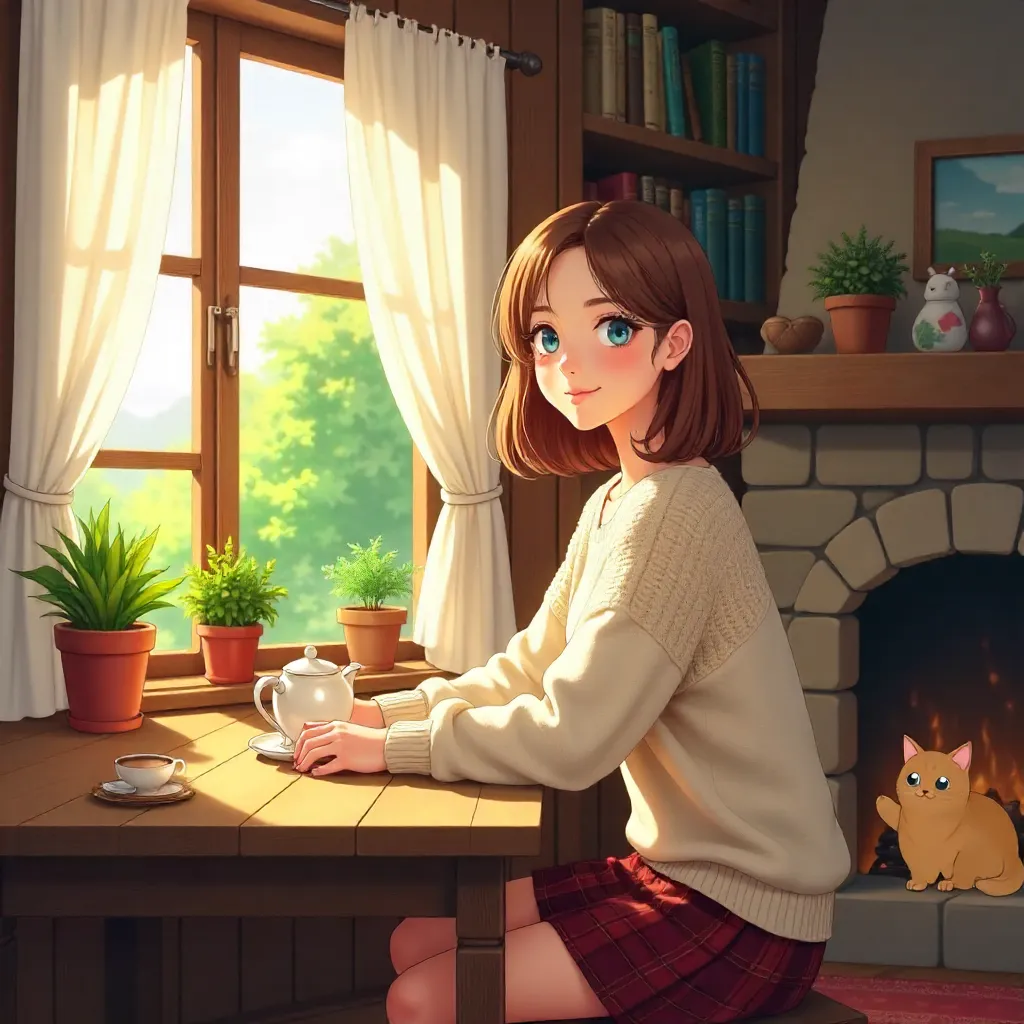 Anime-Style Adult Woman in a Cozy Cottage