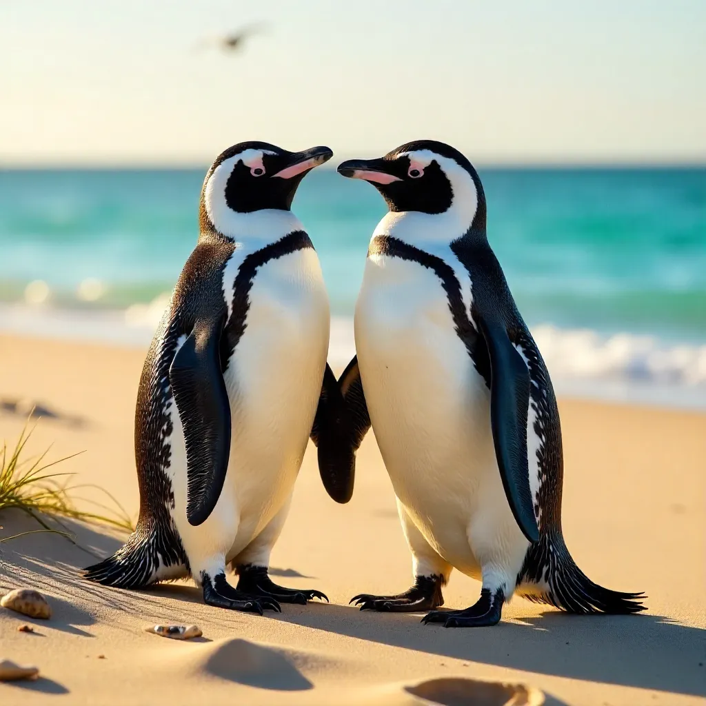 Two African Penguins Resting on a Golden Sandy Beach
