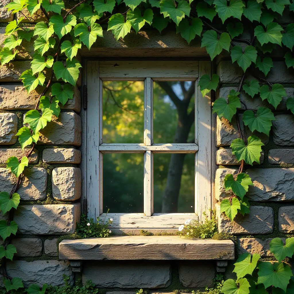 Charming Rustic Window in Ivy-Framed Stone Wall