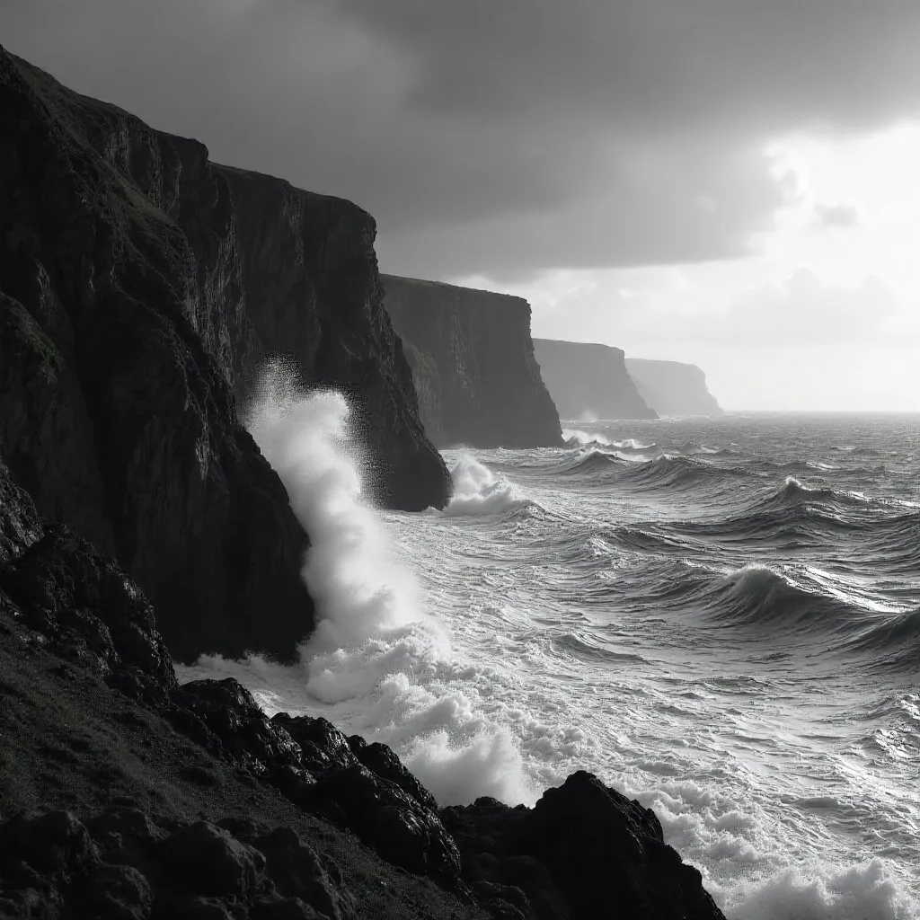 Crashing White: A Black-and-White Cliffside Seascape