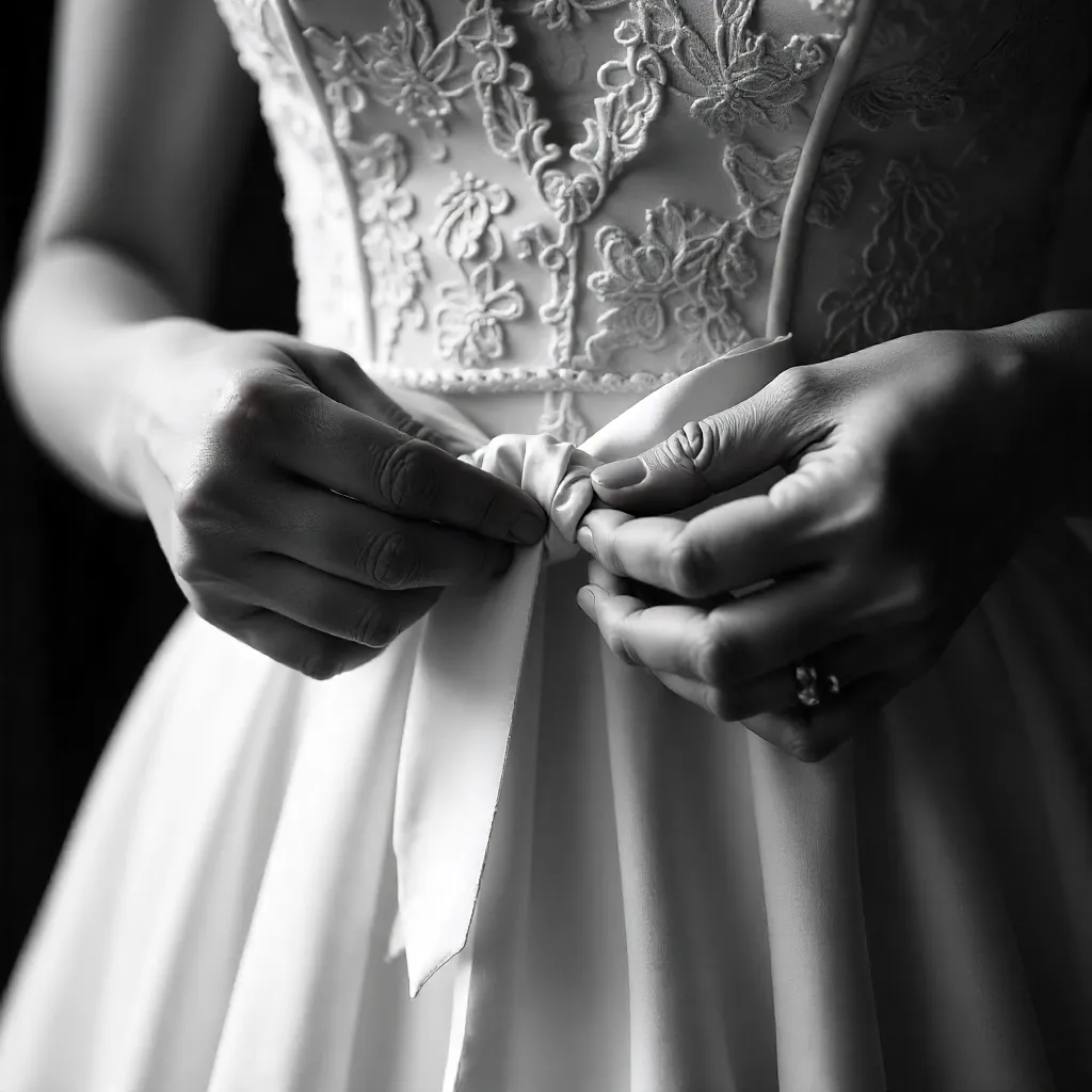 Monochrome close-up: bridal gown bow and laces