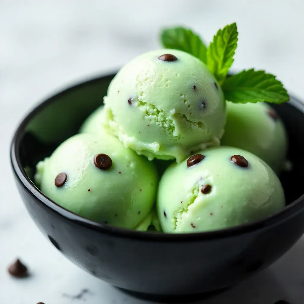 Elegant Mint Chip Ice Cream in a Black Bowl