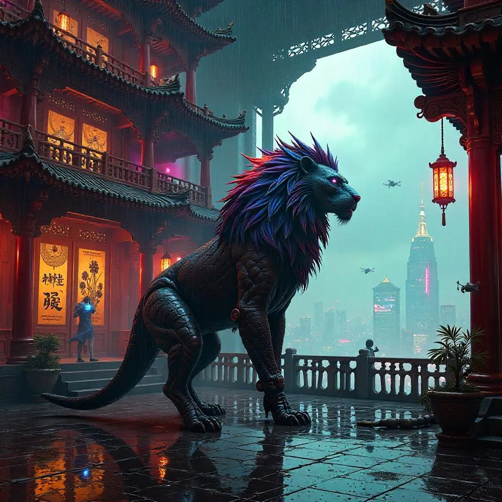 Neon Manticore in a Cyberpunk Pagoda