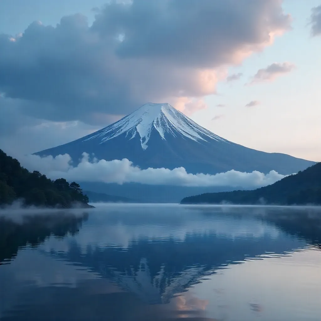 Mount Fuji over a tranquil lake beneath cloudy skies