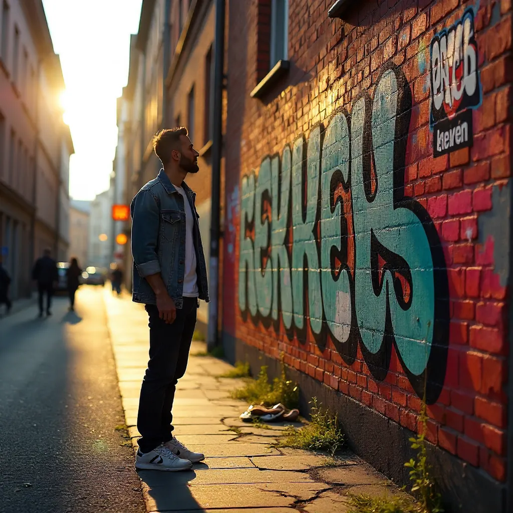 Sunlit Berlin Graffiti: A Man by the Wall