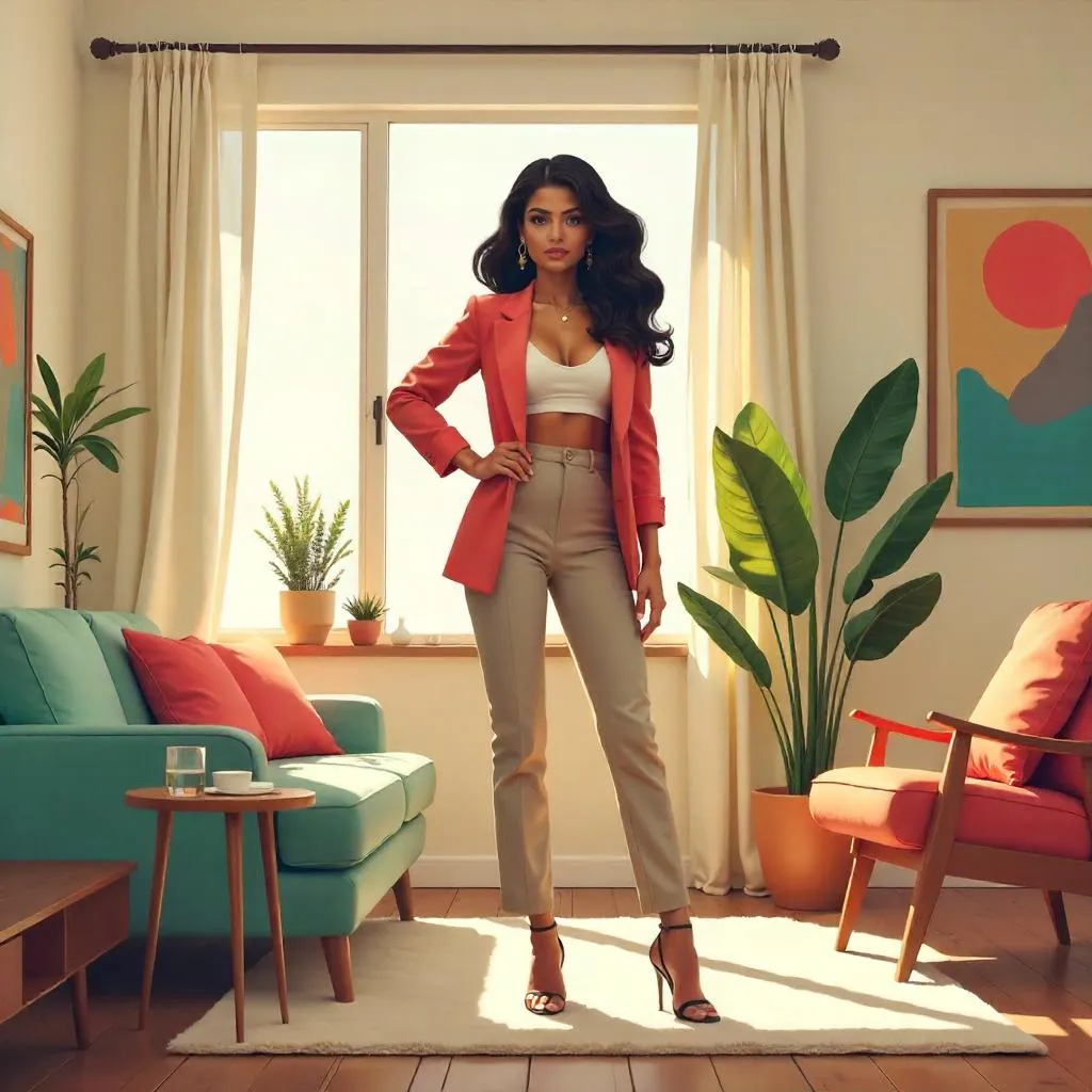 Confident Latina in a Modern Living Room - Digital Art