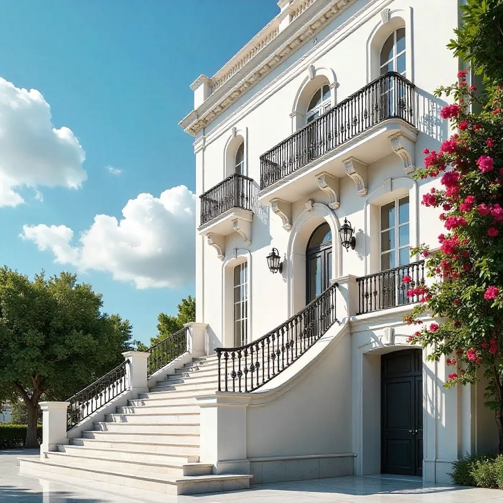 Elegant White Villa Balcony under Blue Sky