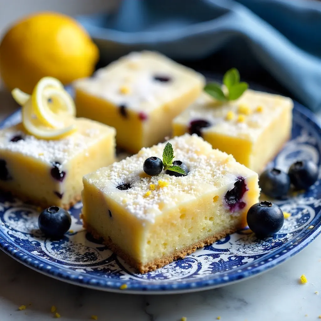 Artisanal Blueberry Lemon Cake Bars on a Blue Plate