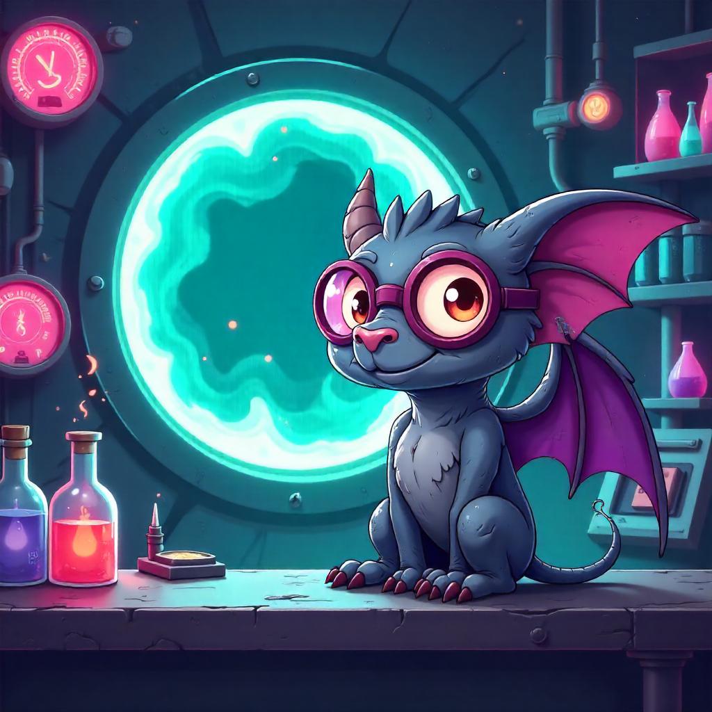 Playful Gargoyle in a Neon Portal Lab